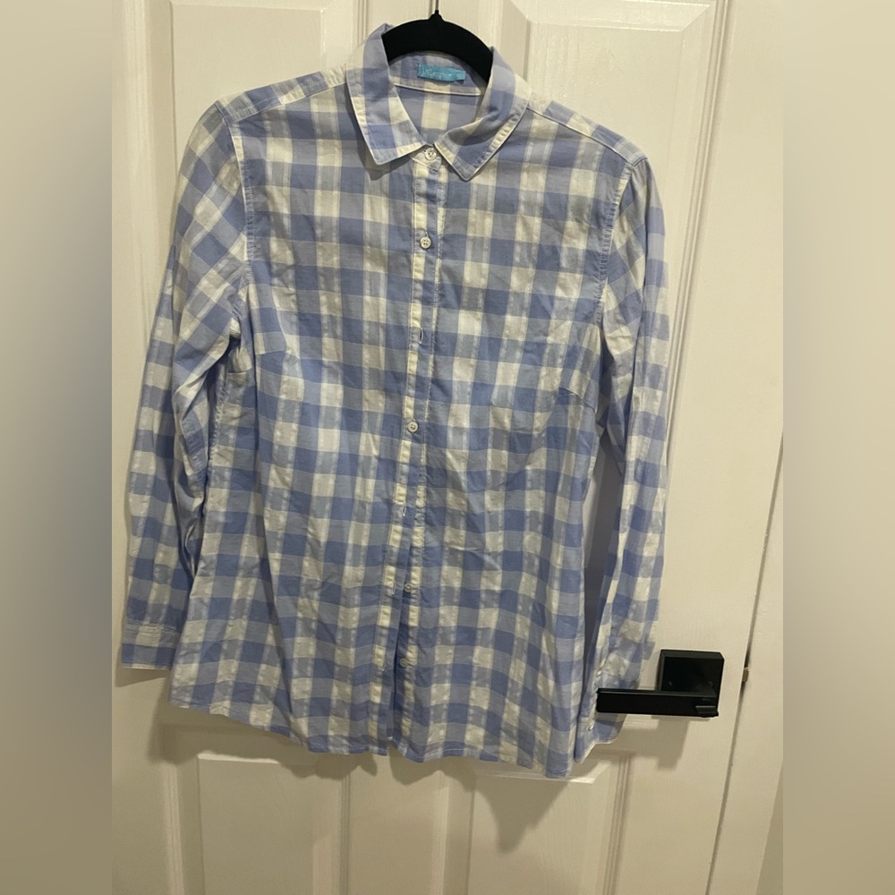 J. McLaughlin blue gingham plaid button shirt size XS cotton blend